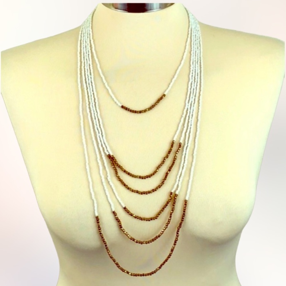 HAWAIIAN Pearls & Gold Beaded 6 Tiered Beautiful Layered Necklace Made i… - Picture 4 of 8